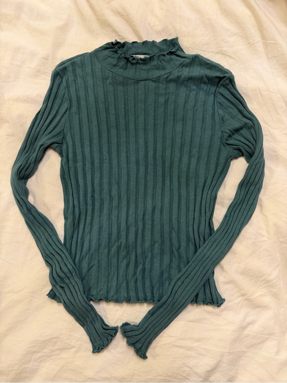 Zara Teal Ribbed Mock Neck Long-Sleeve Top
